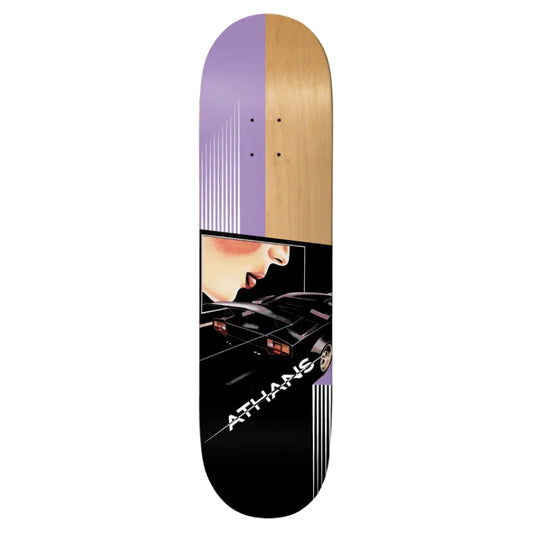 Skateboard deck with a design of a person and car, branded 'Athens', on a white background.