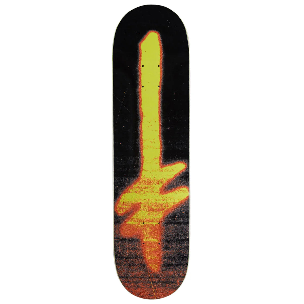 A skateboard deck featuring a distressed graphic of a guitar in yellow, orange, and red tones against a black background.