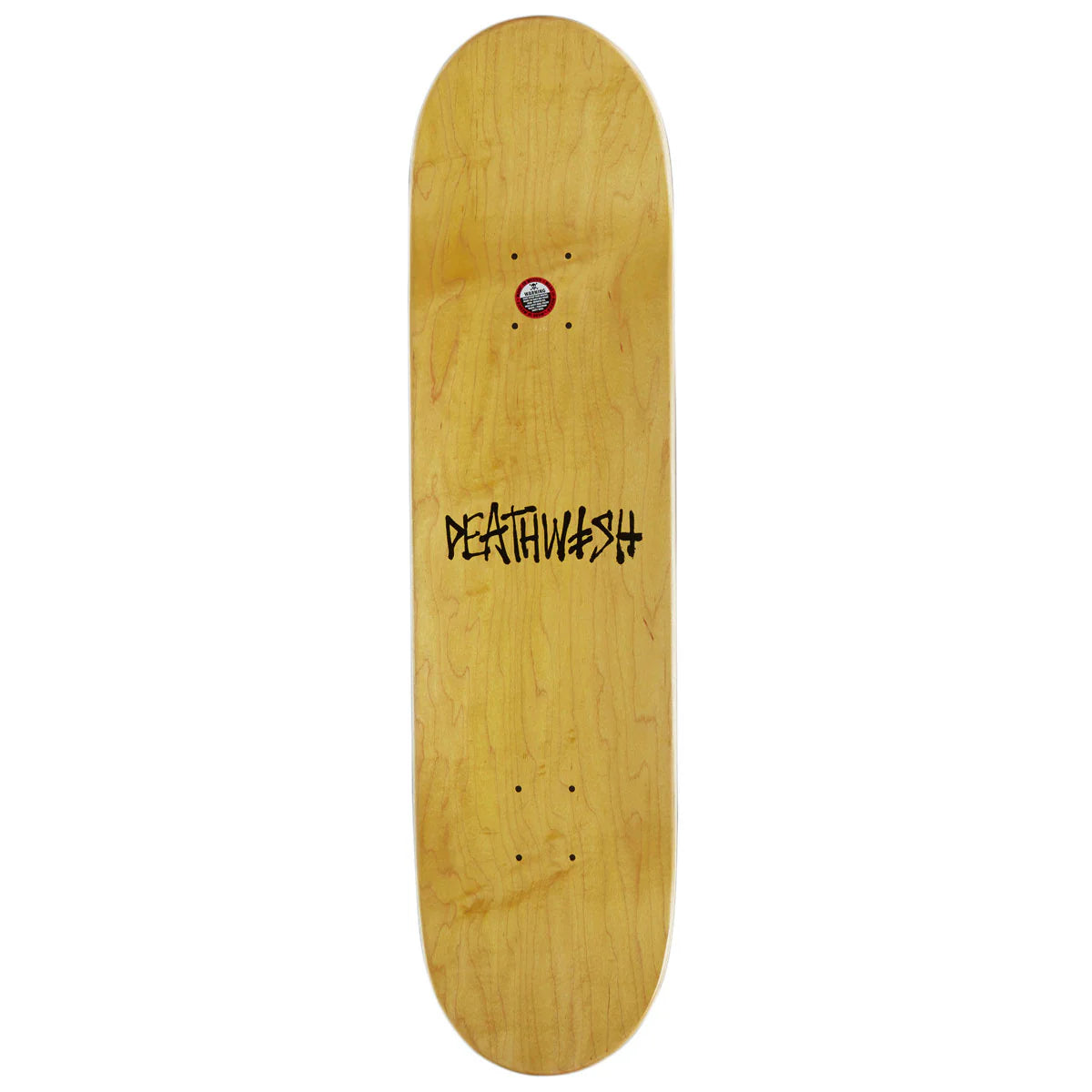 A natural wood skateboard deck with a black 'DEATHWASH' logo printed in the center, shown against a plain white background.
