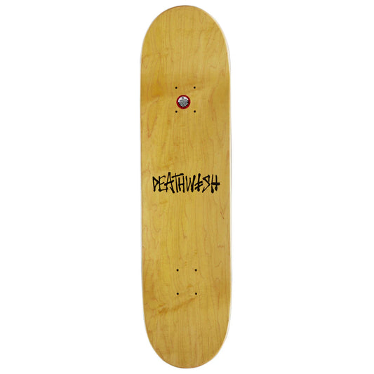 A natural wood skateboard deck with a black 'DEATHWASH' logo printed in the center, shown against a plain white background.