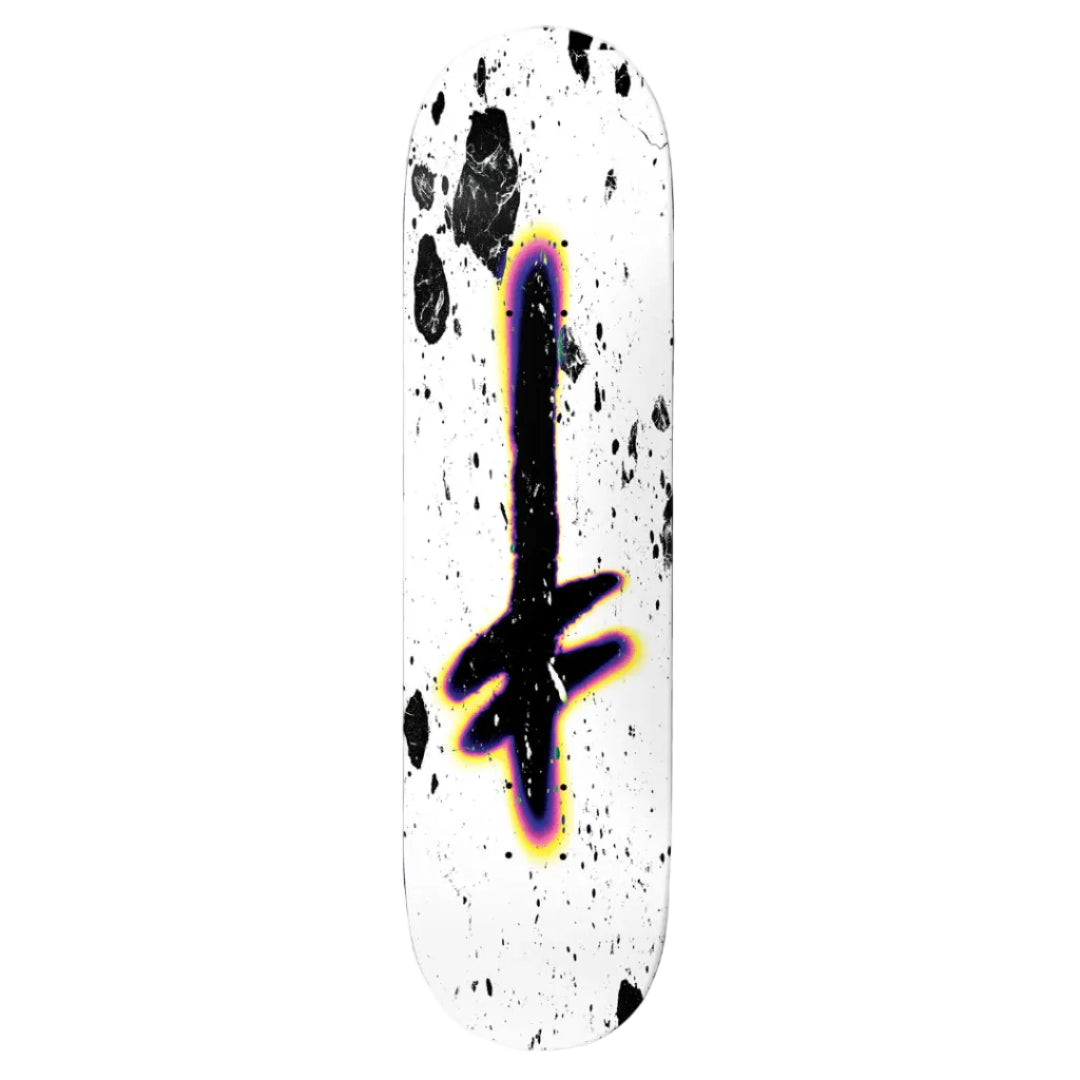 Skateboard deck with abstract design on a white background