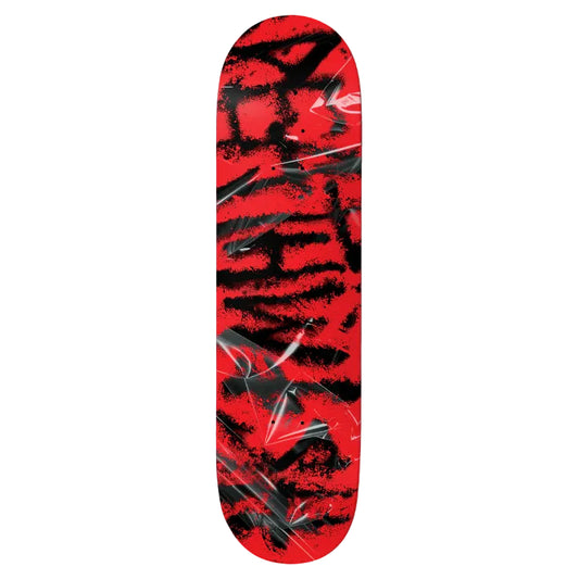 Skateboard deck with red and black design on a white background