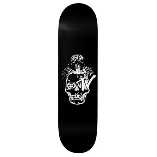 Black skateboard deck with a white skull design on a white background