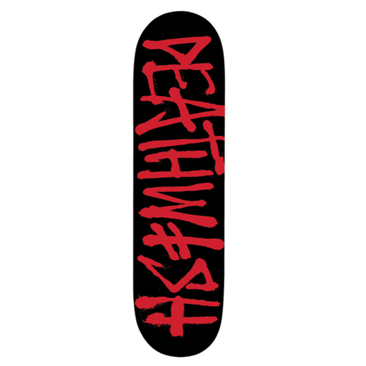 Black skateboard deck with red text on a white background