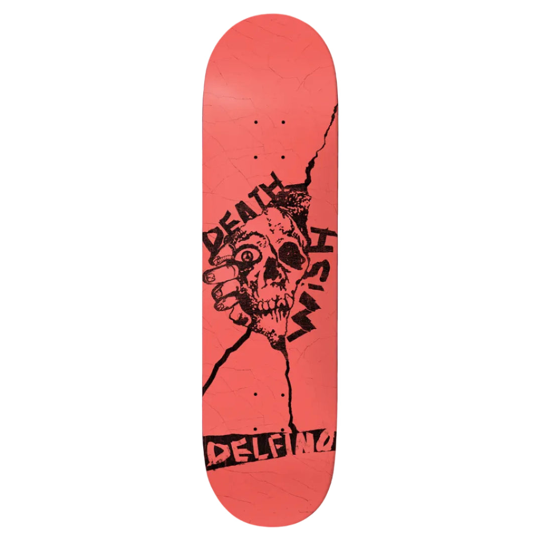Skateboard deck with a red background and black graphic design on a white background