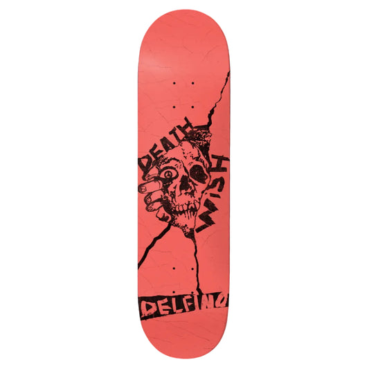 Skateboard deck with a red background and black graphic design on a white background