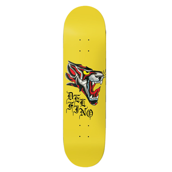 Yellow skateboard deck with a colorful wolf graphic and 'Del FJQ' branding on a white background