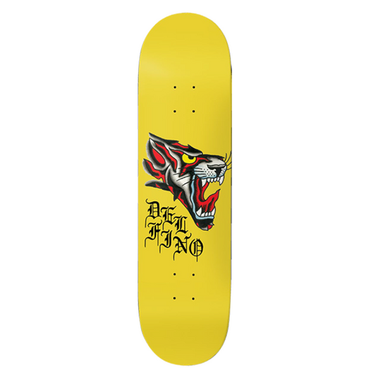 Yellow skateboard deck with a colorful wolf graphic and 'Del FJQ' branding on a white background