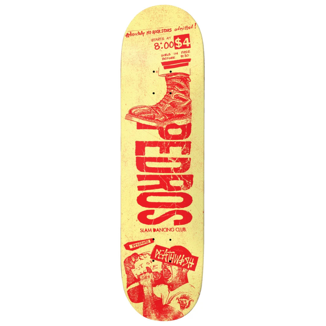 Skateboard deck with red graphics and text on a yellow background