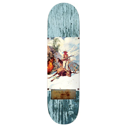Skateboard deck with a colorful design featuring a figure and animals on a white background