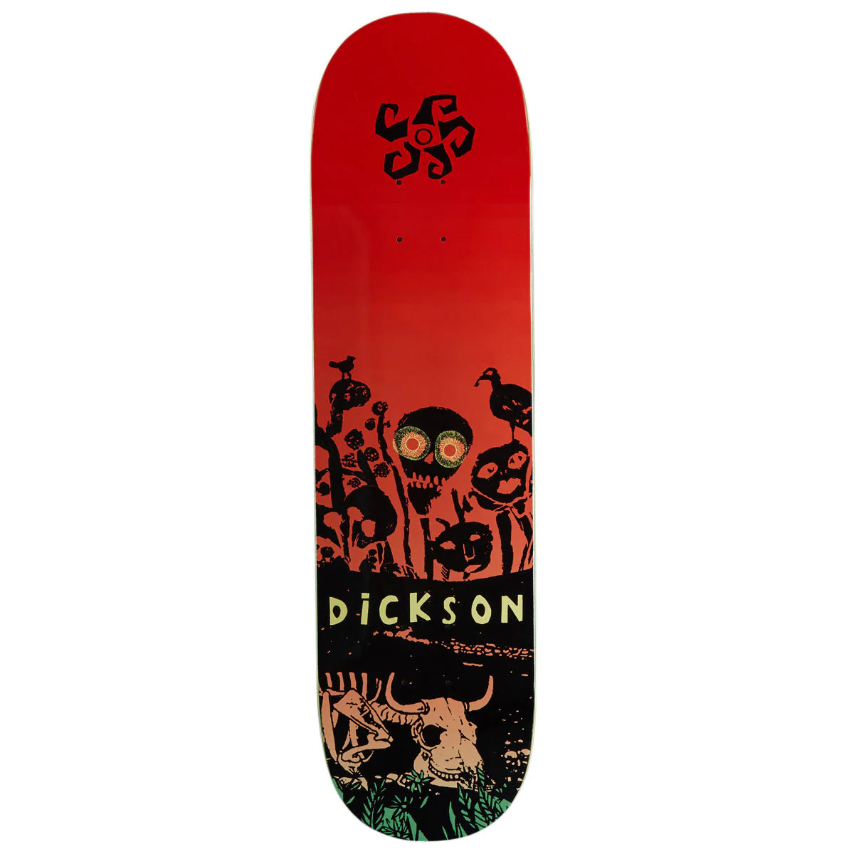 Dickson skateboard deck featuring a red-to-black gradient graphic design with skull, bird, and grass illustrations, and the brand name 'DICKSON' printed in yellow-green on the underside.