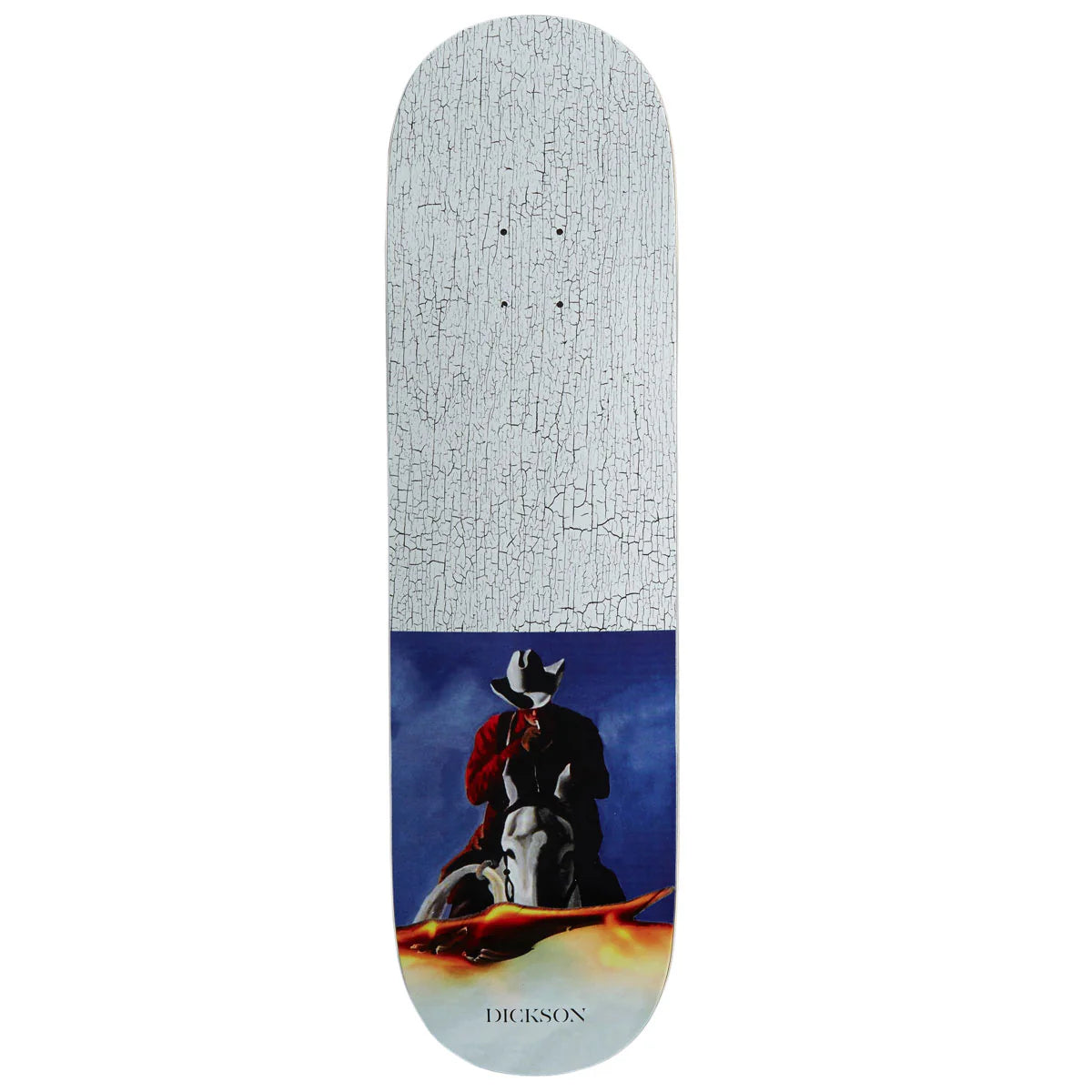 A Dickason brand skateboard deck featuring a split design: a white cracked-wood texture on the upper half and a graphic of a cowboy on a horse against a blue sky on the lower half.