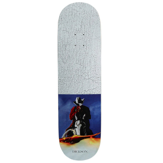 A Dickason brand skateboard deck featuring a split design: a white cracked-wood texture on the upper half and a graphic of a cowboy on a horse against a blue sky on the lower half.