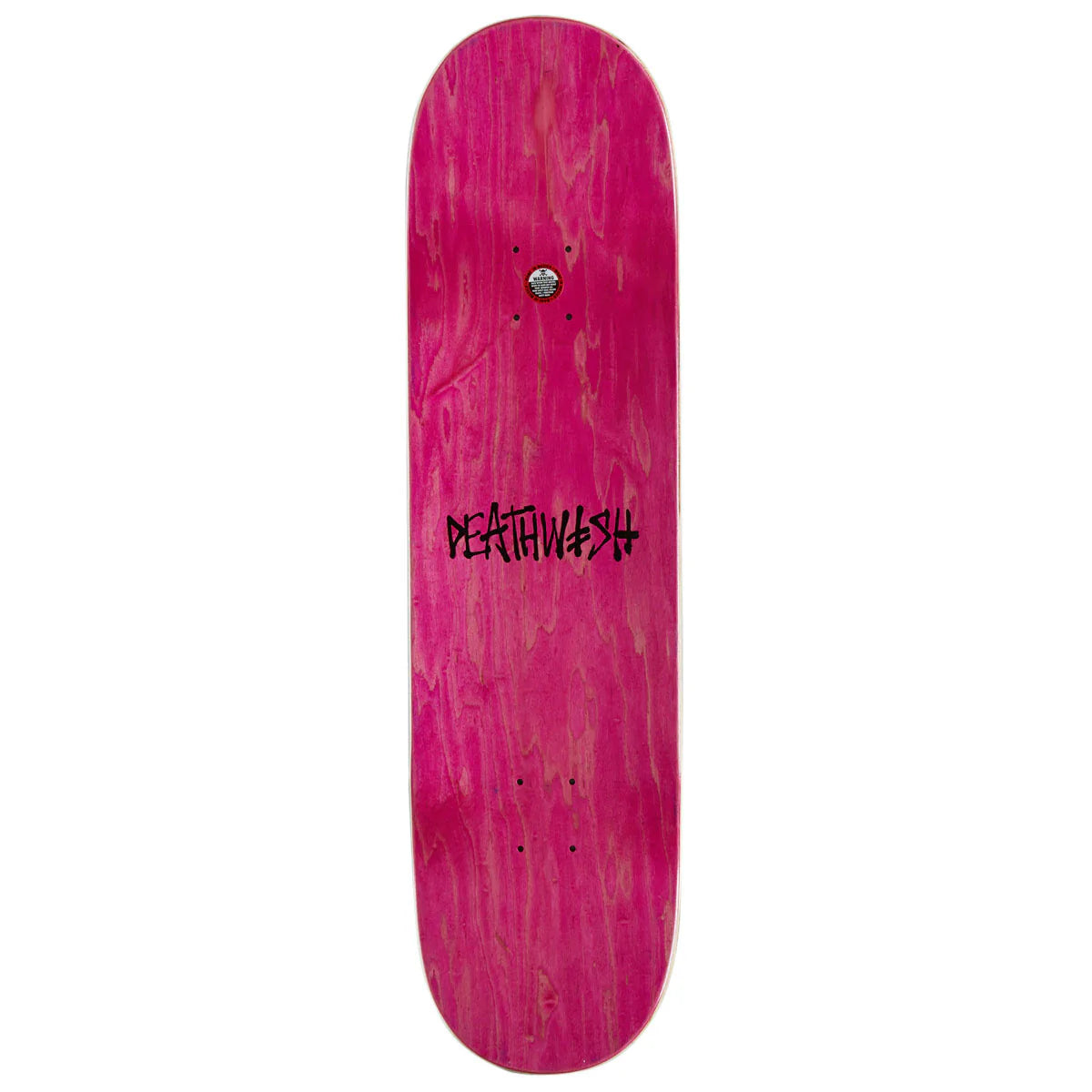 A pink wooden skateboard deck with a black 'DEATHWASH' logo printed in the center, shown against a plain white background.