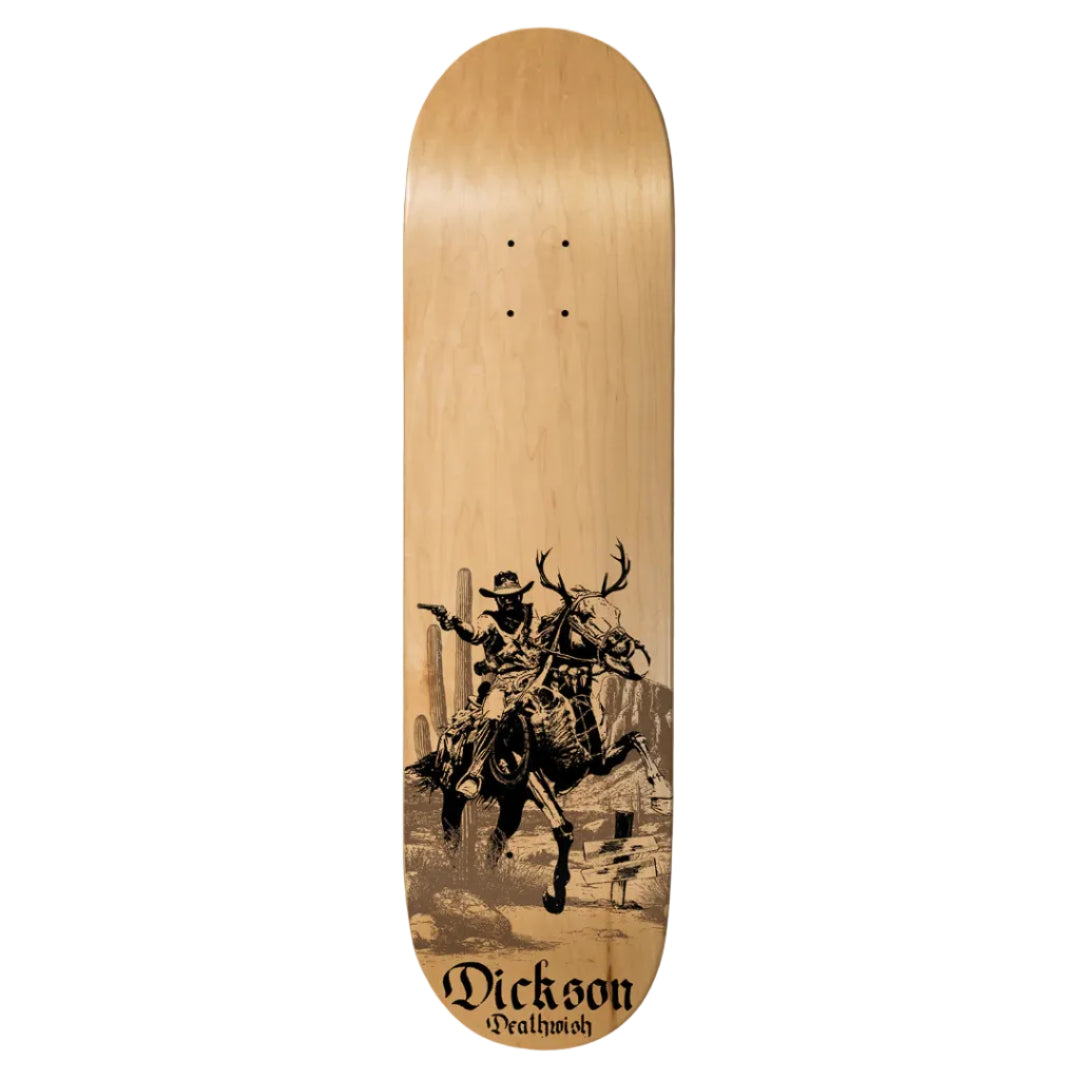 Skateboard deck with a graphic of a cowboy on a horse and the brand 'Dickson' at the bottom.