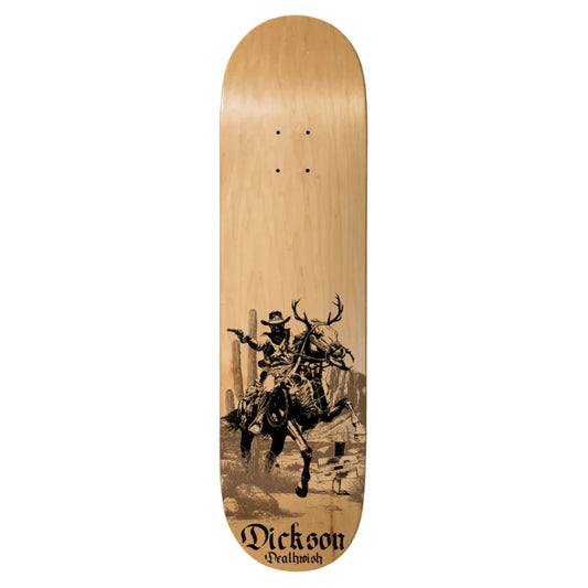 Skateboard deck with a graphic of a cowboy on a horse and the brand 'Dickson' at the bottom.