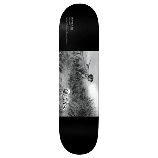 Skateboard deck with black and white graphic of a person climbing a mountain.