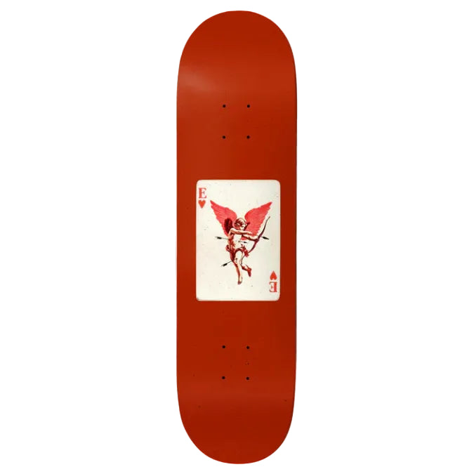 Red skateboard deck with a card design featuring a cherub and sword on a white background