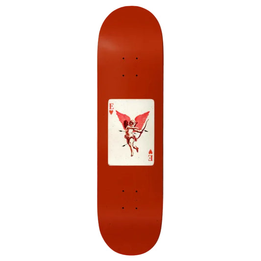 Red skateboard deck with a card design featuring a cherub and sword on a white background