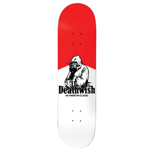 Skateboard deck with 'Deathwish' logo on a red and white background