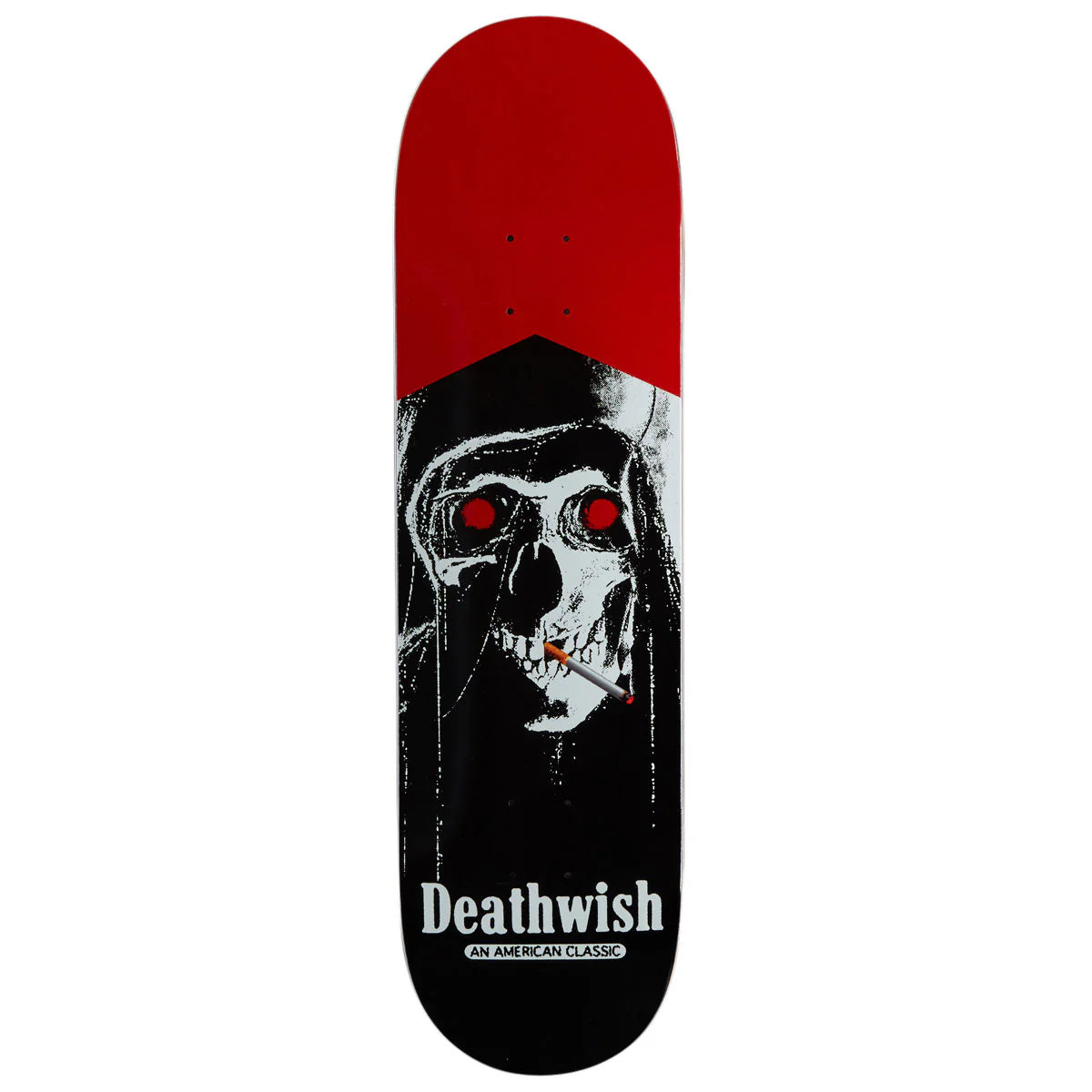 A Deathwish skateboard deck featuring a red top sheet and a black graphic of a hooded skull smoking a cigarette, with the brand name 'Deathwish' printed in white at the bottom.