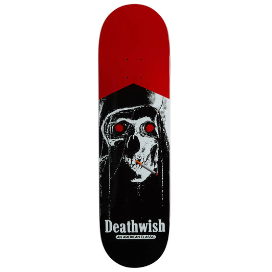 A Deathwish skateboard deck featuring a red top sheet and a black graphic of a hooded skull smoking a cigarette, with the brand name 'Deathwish' printed in white at the bottom.