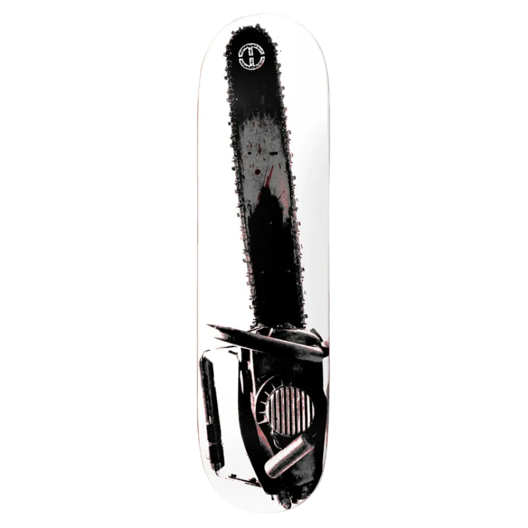 Black and silver chainsaw on a white background