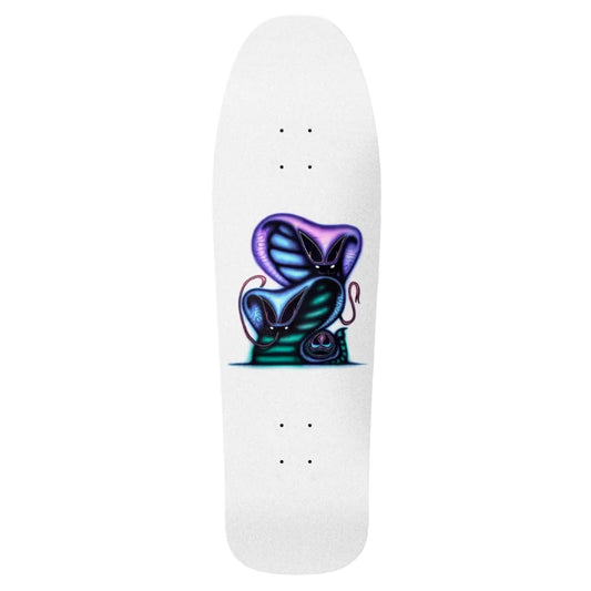 Skateboard deck with a colorful butterfly design on a white background