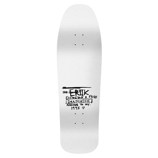 White skateboard deck with black text on a white background