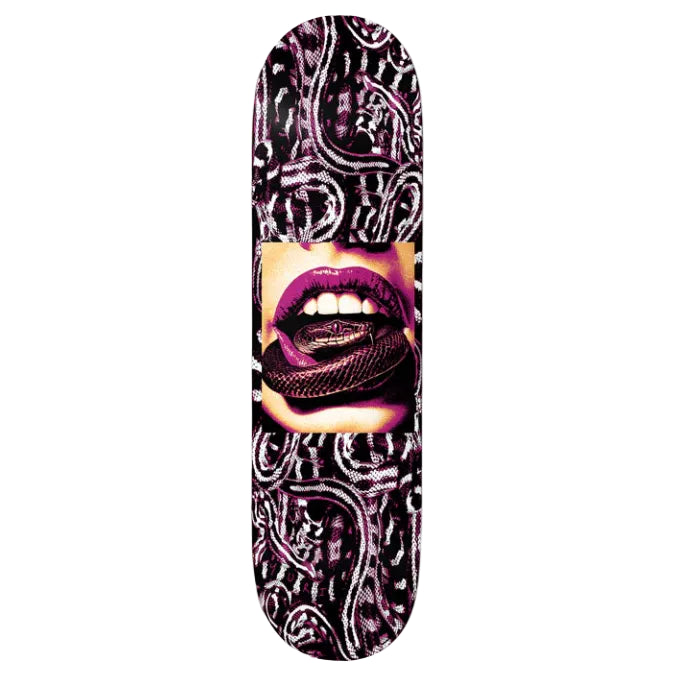 Skateboard deck with a design of a face wearing a bandana and a snake around the neck on a white background.