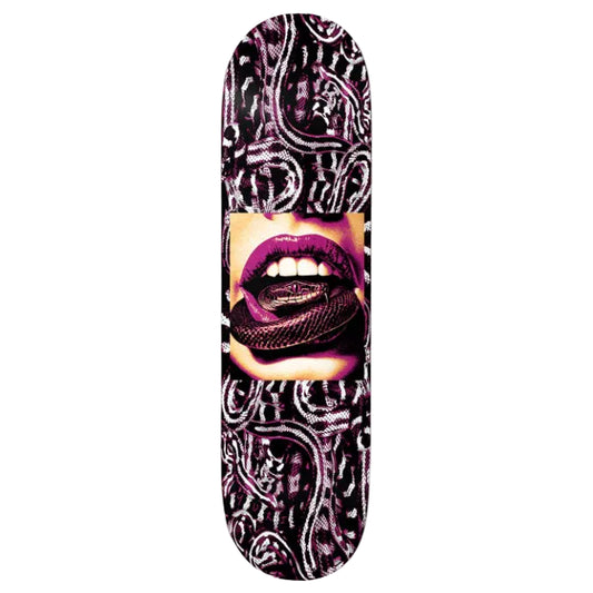 Skateboard deck with a design of a face wearing a bandana and a snake around the neck on a white background.