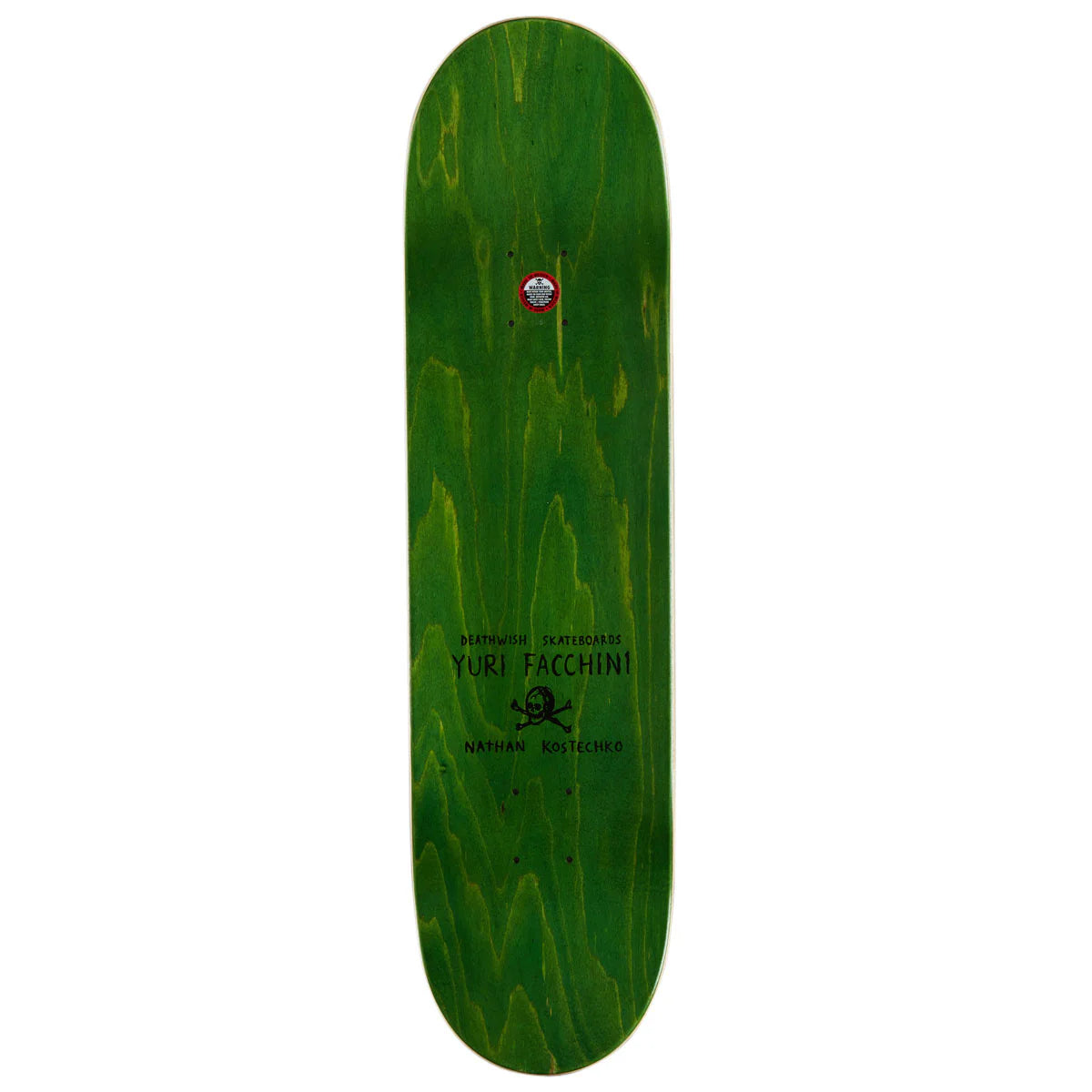 A green skateboard deck with a natural wood grain pattern, featuring the text 'Yuri Faggin' and 'National Skateboards' printed in black near the bottom center.