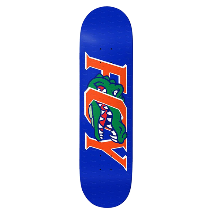 Blue skateboard deck with a colorful logo on a white background