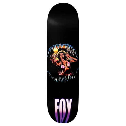 Skateboard deck with a graphic design of a woman in a bikini and a shark, featuring the brand 'FOY'.