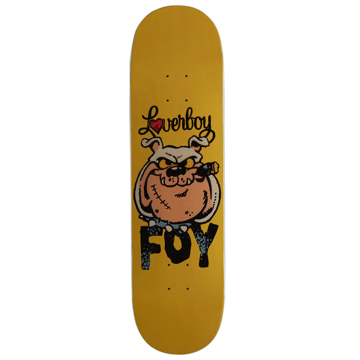 A skateboard deck with a mustard yellow background, featuring a graphic of a bulldog wearing sunglasses and the text 'Loveboy FOY' in black and red.