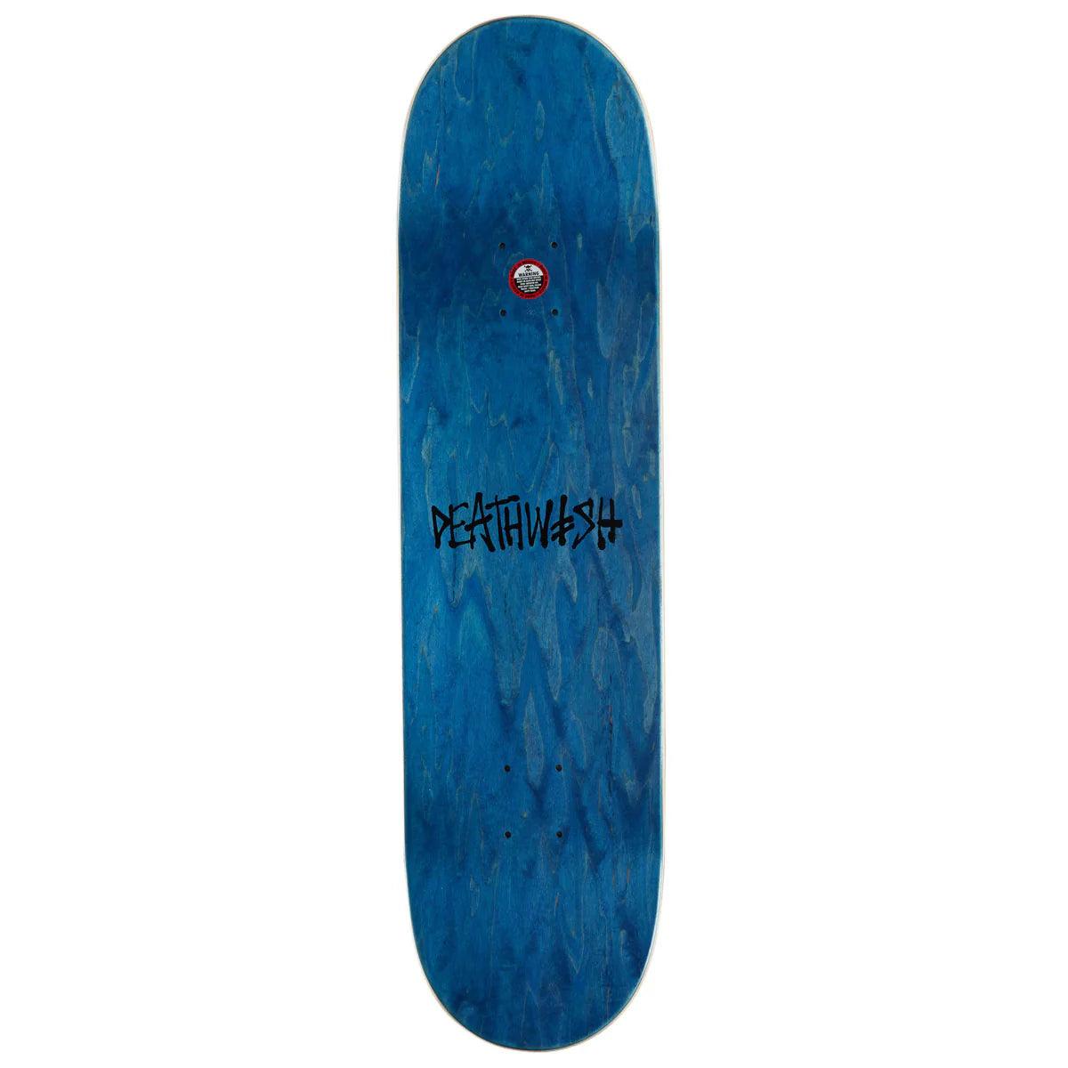 A blue skateboard deck with a natural wood grain texture, featuring the black 'DEATHWASH' brand logo in the center and a red truck hardware detail near the nose, shown against a plain white background.