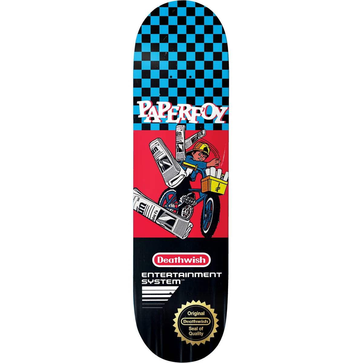 A deck of cards featuring a graphic design with a blue and black checkered pattern at the top, a red center with a cartoon character riding a motorcycle and holding a box of papers, and a black bottom section with the Deathwish Entertainment System logo and a gold seal.