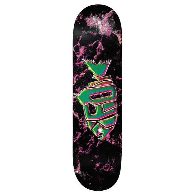 Skateboard deck with colorful logo on a black and pink marbled background