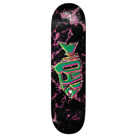Skateboard deck with colorful logo on a black and pink marbled background