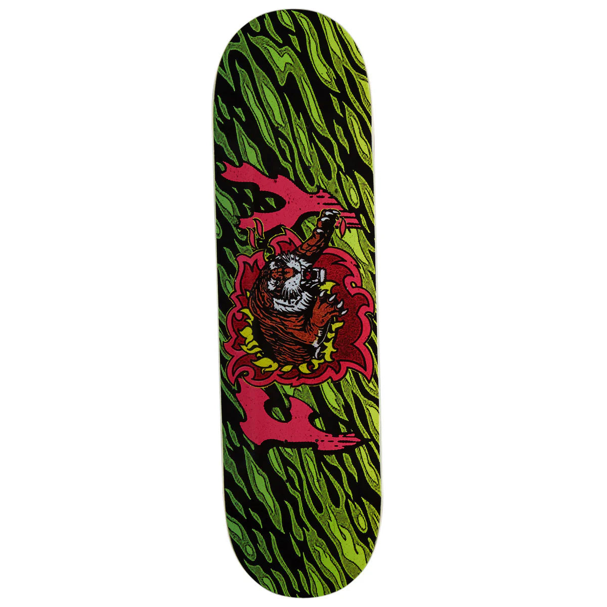 A skateboard deck featuring a vibrant lime green and black wavy pattern background with a central graphic of a skull wearing a red bandana.