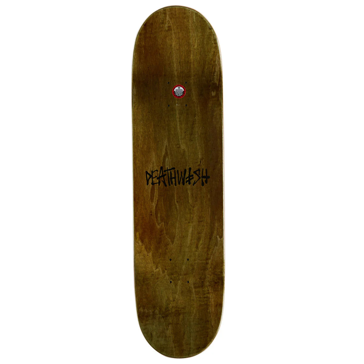 A wooden skateboard deck with a natural brown wood grain finish, featuring the black Deathwish brand logo printed in the center and a small red and white sticker near the nose, shown against a plain white background.