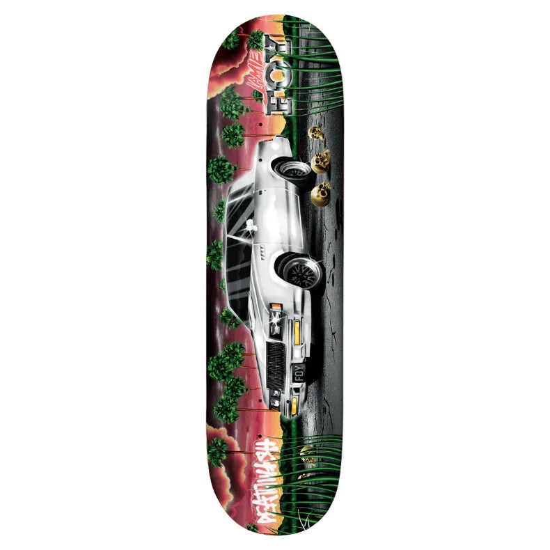 Skateboard deck with a car design and colorful background on a white background