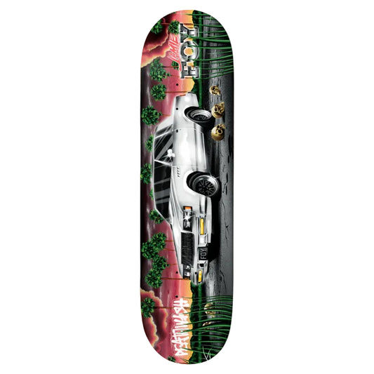 Skateboard deck with a car design and colorful background on a white background