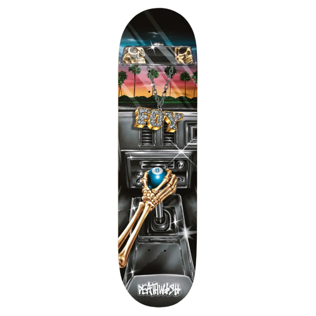 Skateboard deck with palm trees, 'BFF', and 'DEATHWISH' branding on a white background