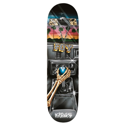 Skateboard deck with palm trees, 'BFF', and 'DEATHWISH' branding on a white background