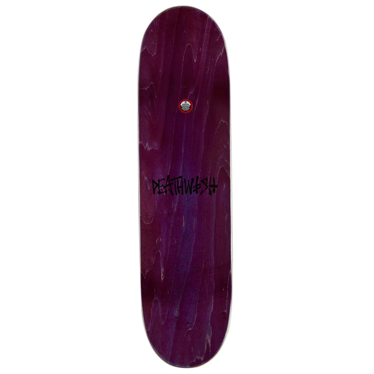 A skateboard deck with a dark purple and magenta woodgrain finish, featuring the black 'DEATHWASH' brand logo in the center and a small red, white, and blue logo near the nose.