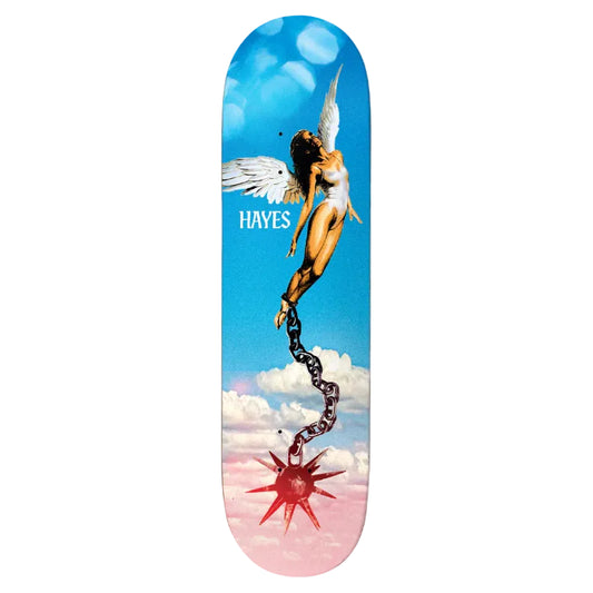 Skateboard deck with angelic design and 'Hayes' branding against a blue sky and cloud background.