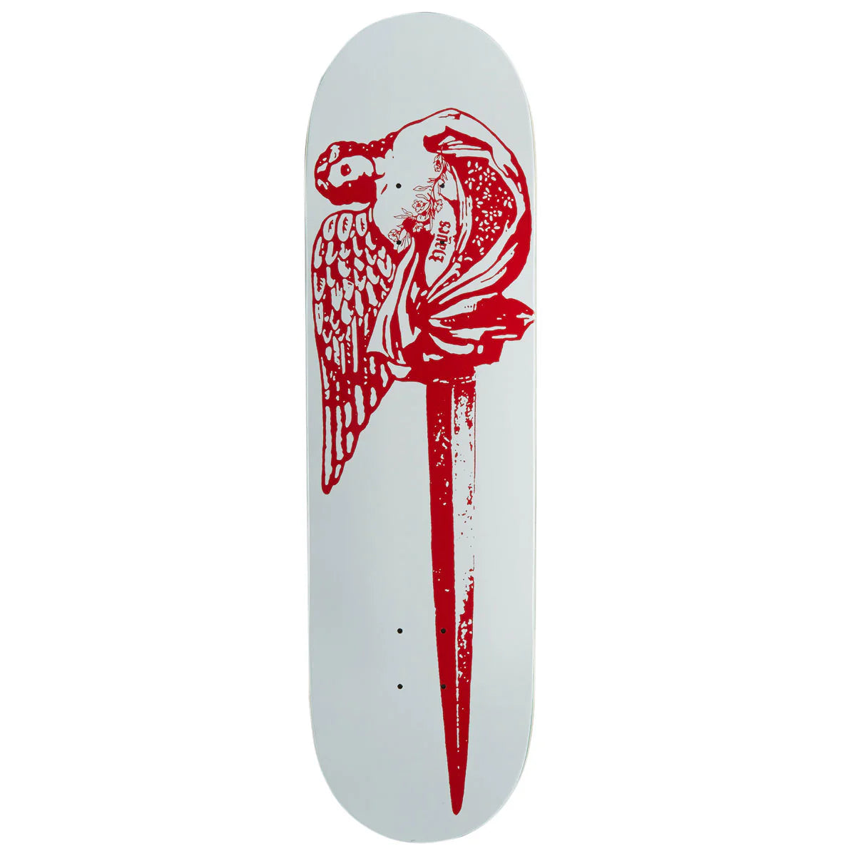 A skateboard deck with a white background and a red graphic of a winged figure holding a rose, shown vertically against a plain white background.