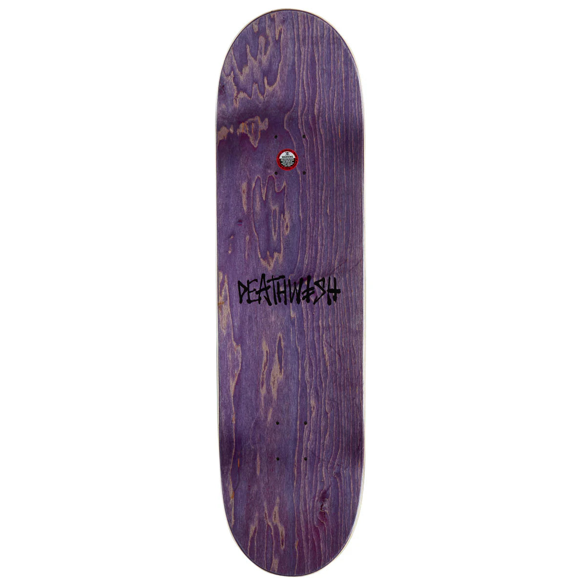 A purple wood-grain skateboard deck with black Deathwish branding and a small red graphic near the nose, shown against a plain white background.