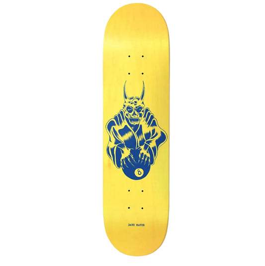 Skateboard deck with blue skull design on a yellow background